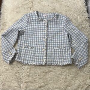 Nanette Lepore Pearl Button Tweed Blazer Jacket Light Blue Plaid Women’s Size L